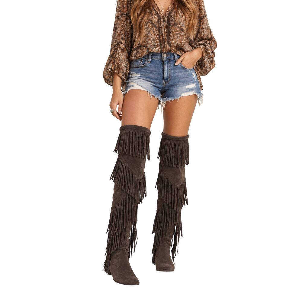 Sam Edelman Uri Over-the-Knee Fringe Taupe Brown Boho Festival Leather Boots 9.5